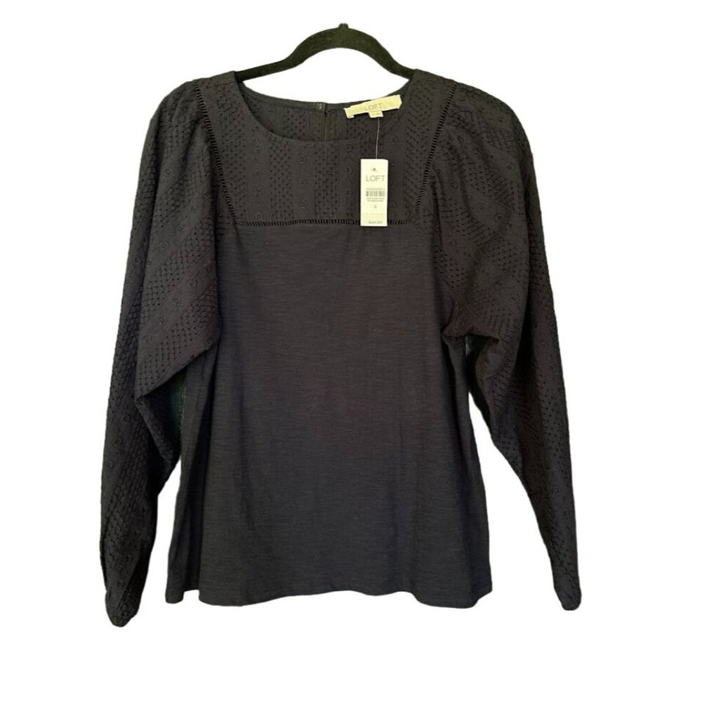 Loft Dk Navy Blue Embroidered Cotton‎ Blouse With Balloon Sleeves S